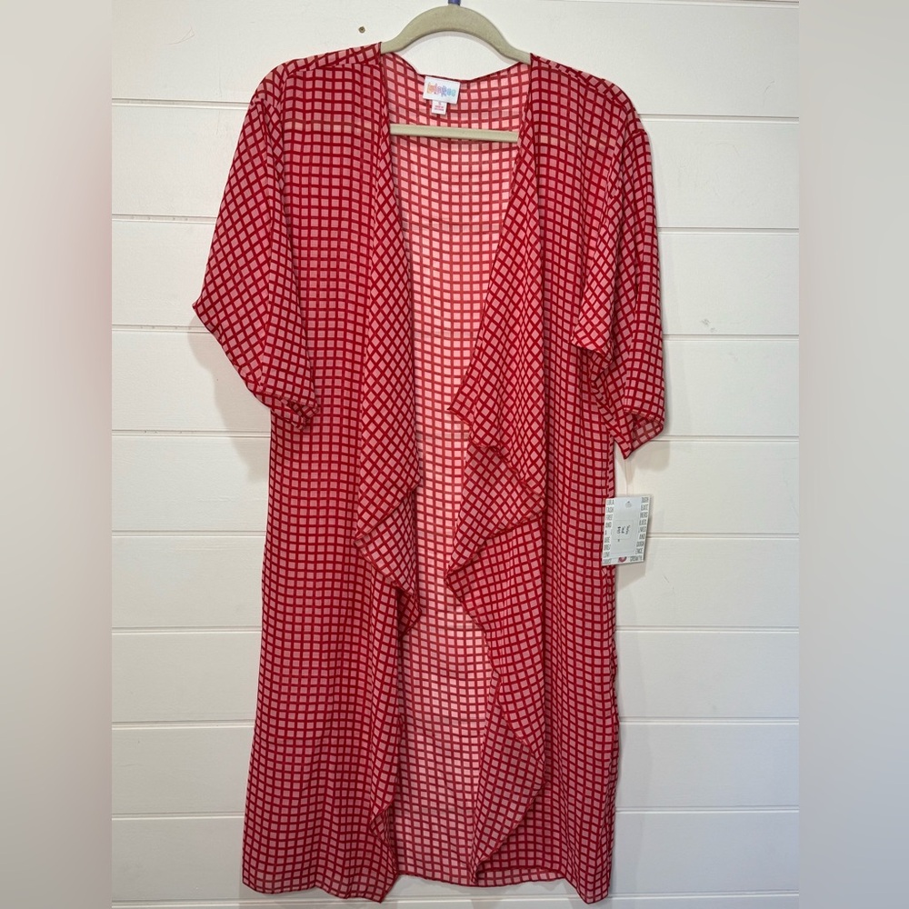 Lularoe Shirley Kimono Red and White Checkered Open Front Cardigan